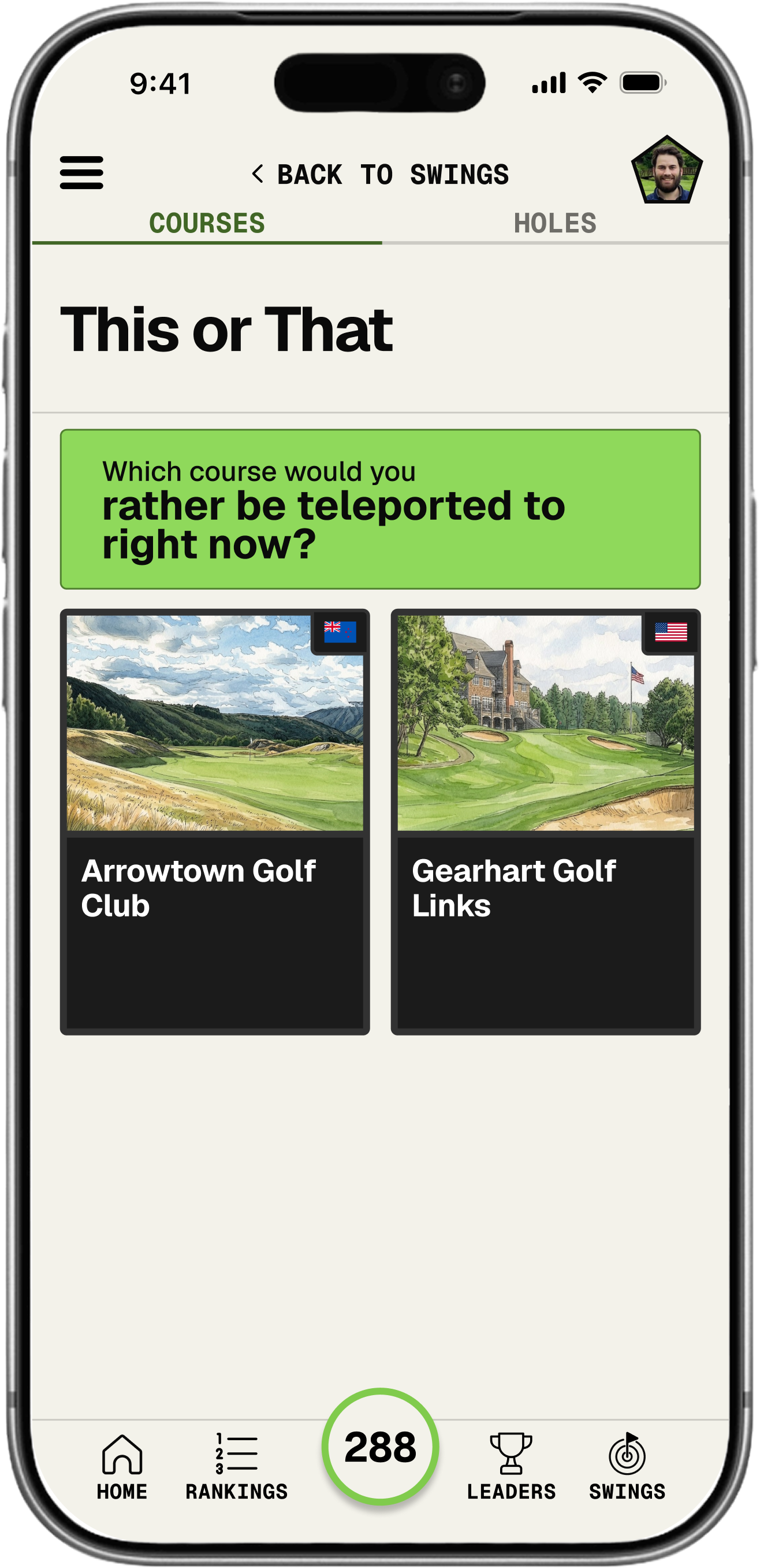 This or That Swing screen in the Alister app